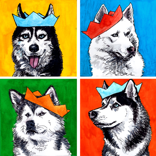 jenny robins - huskies in party hats