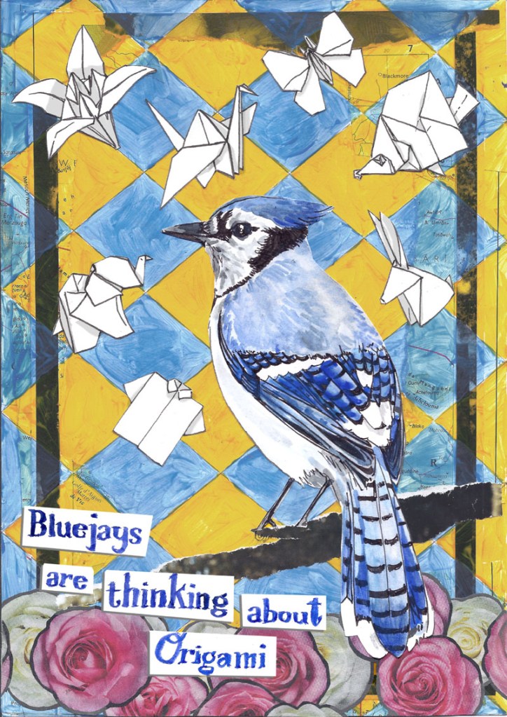 jenny robins - what birds are really thinking - bluejay - roses - origami